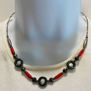 EUC Necklace, Gray-Red-Silver-Tone w/White, Metal/Acrylic, Screw Clasp, 16" L